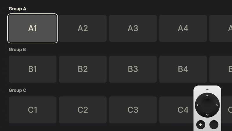 A grid of focusable items is organized into labeled groups (Group A, B, and C). Horizontal navigation moves between items within the same group (e.g., A1 to A2), while vertical navigation switches between groups (e.g., A1 to B1 to C1). Each group change requires only a single button press, illustrating an efficient and predictable movement model.