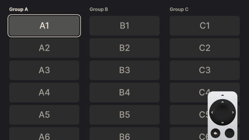 A vertically structured layout with three labeled groups (Group A, B, and C) arranged in columns. Navigating vertically moves within a group (e.g., A1 to A2 to A3), while horizontal input switches between groups (e.g., A1 to B1 to C1). This design maintains consistent and predictable movement, requiring only one directional press to traverse either within or across groups.