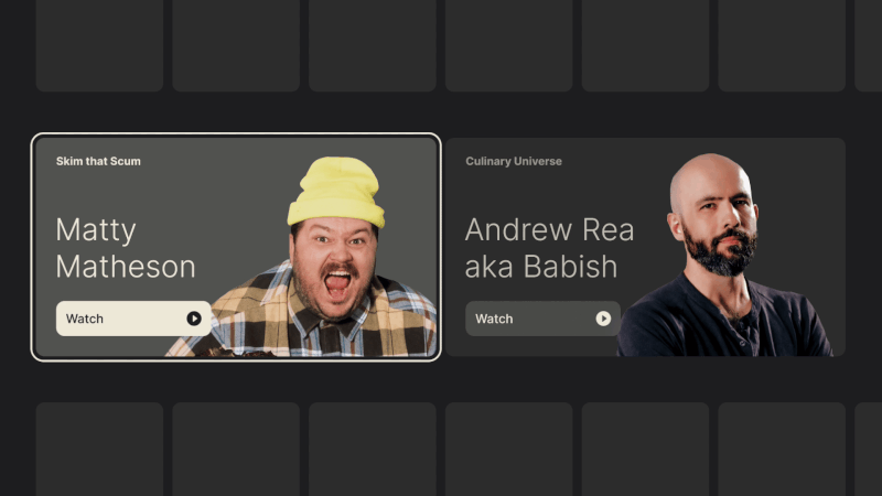 A focus animation shows two adjacent spotlight cards on a TV interface, each featuring a person and title. As focus shifts from the left to the right card, a transparent PNG overlay adapts smoothly to background color changes, preserving contrast and clarity without requiring hard edges or solid backgrounds.
