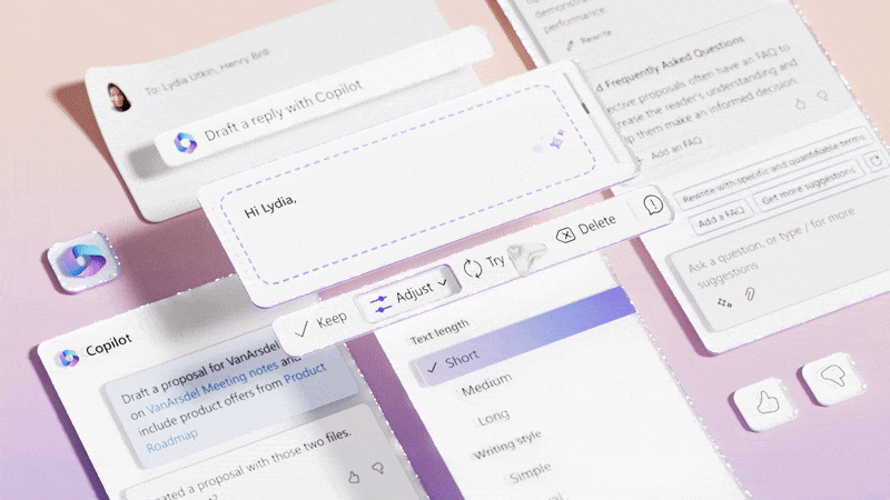 A collage of various Microsoft interface elements that illustrate how users can type their goals into a chat window so generative AI can help them execute tasks. A block of AI-generated text is displayed & a cursor parses values in a dropdown labeled “Adjust”. Each value allows the user to manipulate the generated text based on parameters such as “Text length”.