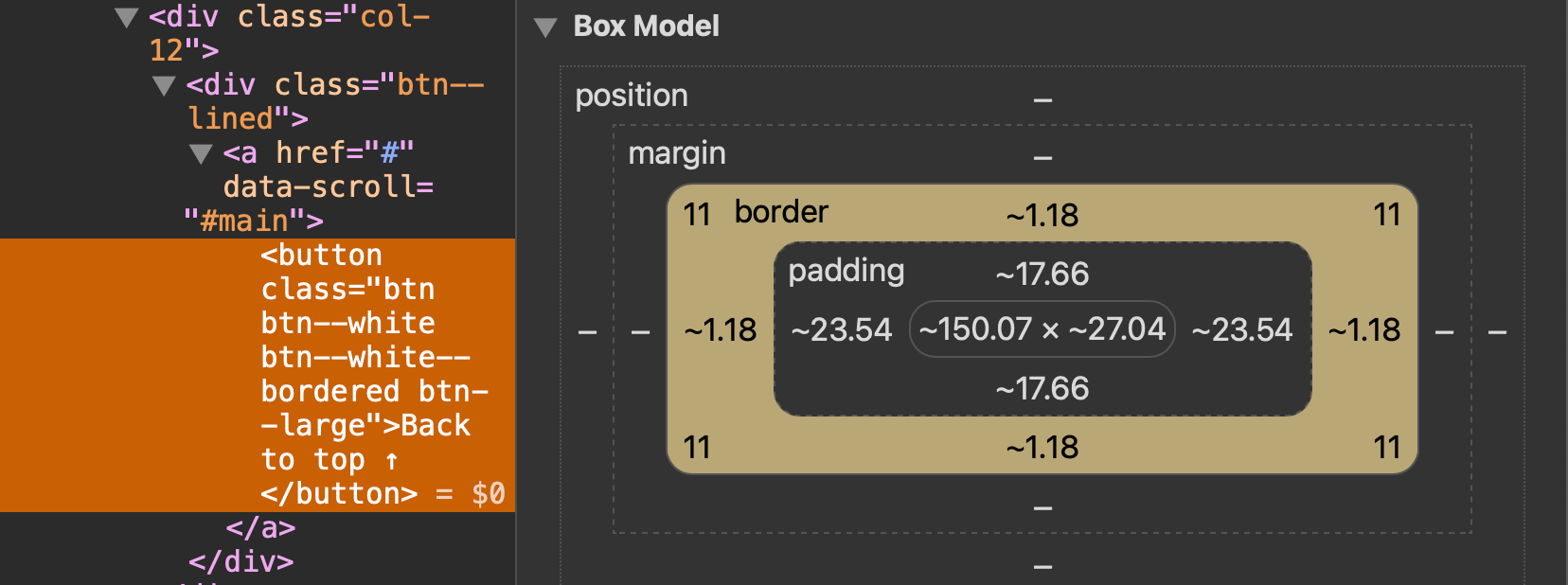 DevTools highlighting the border-box area of an element.