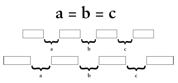 Two rows of boxes with equal spacing between them.